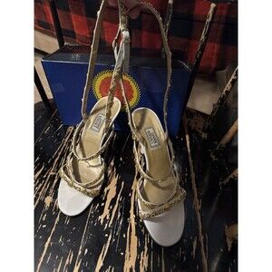 Vtg Gianni Versace White Leather strap heels Gold chain Medusa size 39 1/2 Italy